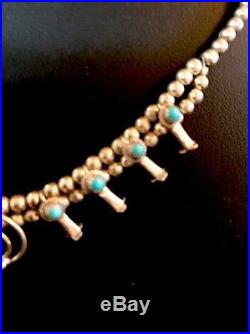 Native American Sterling Silver Mini Squash Blossom Turquoise Necklace Naja 16.5