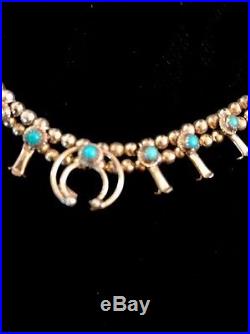 Native American Sterling Silver Mini Squash Blossom Turquoise Necklace Naja 16.5