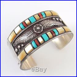 Native American Sterling Silver Multi-Stone Inlay Cuff Bracelet Signed RS AX