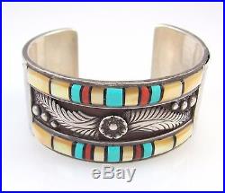 Native American Sterling Silver Multi-Stone Inlay Cuff Bracelet Signed RS AX