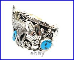 Native American Sterling Silver Navajo Turquoise Leaf Wolf Cuff Bracelet