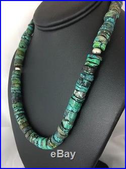 Native American Sterling Silver Turquoise 8 mm Heishi Bead Necklace 18 Inches