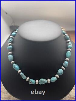 Native American Sterling Silver Turquoise Bead Necklace