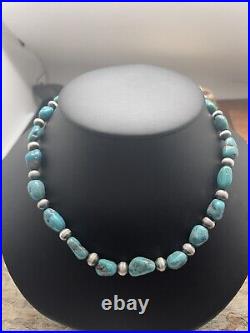 Native American Sterling Silver Turquoise Bead Necklace