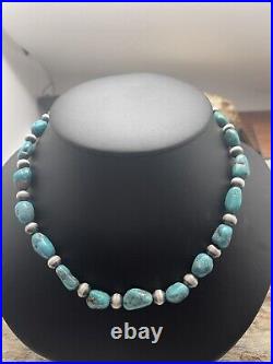 Native American Sterling Silver Turquoise Bead Necklace