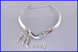 Native American Sterling Silver Turquoise Coral Feathers Collar 925 Necklace 14 Native American Sterling Silver Turquoise Coral Feathers Collar 925 Necklace 14
