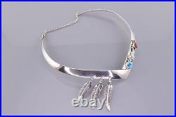 Native American Sterling Silver Turquoise Coral Feathers Collar 925 Necklace 14 Native American Sterling Silver Turquoise Coral Feathers Collar 925 Necklace 14