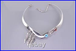 Native American Sterling Silver Turquoise Coral Feathers Collar 925 Necklace 14 Native American Sterling Silver Turquoise Coral Feathers Collar 925 Necklace 14