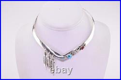 Native American Sterling Silver Turquoise Coral Feathers Collar 925 Necklace 14 Native American Sterling Silver Turquoise Coral Feathers Collar 925 Necklace 14