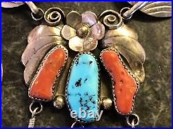 Native American Sterling Silver Turquoise Coral Necklace 925 Feathers & Blossom