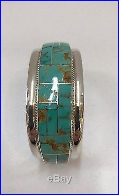 Native American Sterling Silver Zuni Turquoise Inlay Cuff Bracelet