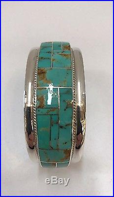 Native American Sterling Silver Zuni Turquoise Inlay Cuff Bracelet