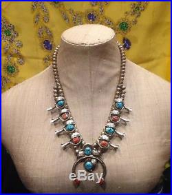 Native American Sterling Squash Blossom Necklace Turquoise And Coral Old Pawn