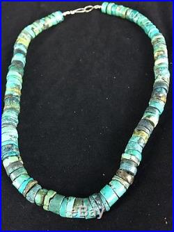 Native American Turquoise 10 mm Heishi Sterling Silver Bead Necklace Rare