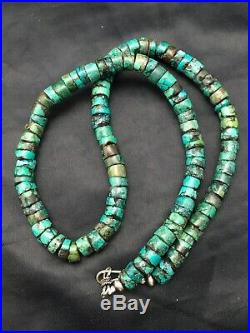 Native American Turquoise 9 mm 20 Heishi Sterling Silver Bead Necklace 1135