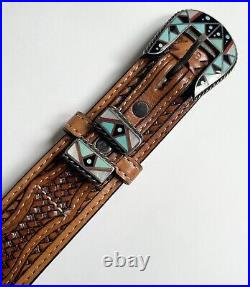 Native American Turquoise Buckle Ranger Belt Signed RABO Navajo Sterling Silver