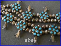 Native American Turquoise Cluster Sterling Silver Squash Blossom Bead Necklace