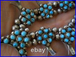Native American Turquoise Cluster Sterling Silver Squash Blossom Bead Necklace