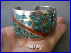 Native American Turquoise Coral Mosaic Chip Inlay Sterling Silver Cuff Bracelet