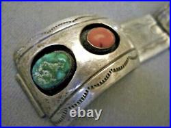 Native American Turquoise Coral Shadowbox Sterling Silver Watch Bracelet Signed