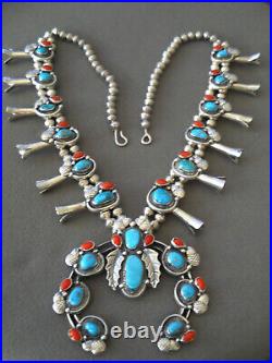 Native American Turquoise Coral Sterling Silver Squash Blossom Acorn Necklace