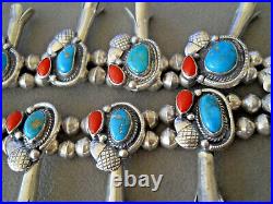 Native American Turquoise Coral Sterling Silver Squash Blossom Acorn Necklace