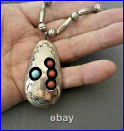 Native American Turquoise Coral Sterling Silver Stamped Shadowbox Bead Necklace