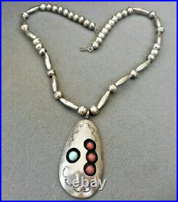 Native American Turquoise Coral Sterling Silver Stamped Shadowbox Bead Necklace
