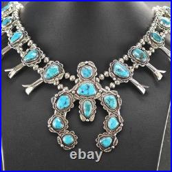 Native American Turquoise Floral Squash Blossom Sterling Silver Necklace