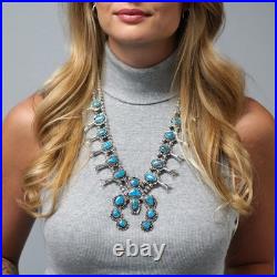 Native American Turquoise Floral Squash Blossom Sterling Silver Necklace