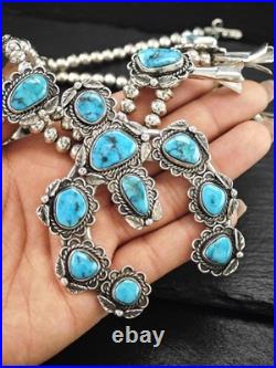 Native American Turquoise Floral Squash Blossom Sterling Silver Necklace