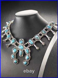 Native American Turquoise Floral Squash Blossom Sterling Silver Necklace