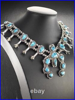 Native American Turquoise Floral Squash Blossom Sterling Silver Necklace