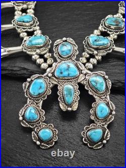 Native American Turquoise Floral Squash Blossom Sterling Silver Necklace