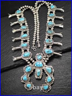 Native American Turquoise Floral Squash Blossom Sterling Silver Necklace