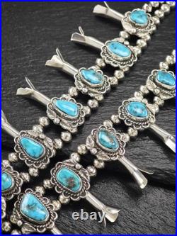 Native American Turquoise Floral Squash Blossom Sterling Silver Necklace