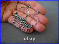 Native American Turquoise Row Sterling Silver Hoop Post Earrings with Dangles 2.3