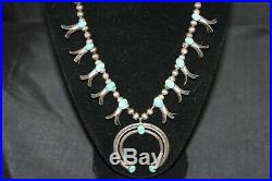 Native American Turquoise Squash Blossom Necklace Sterling Silver Beads Navajo