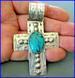 Native American Turquoise Sterling Silver Hogans & Heavily Stamped Cross Pendant