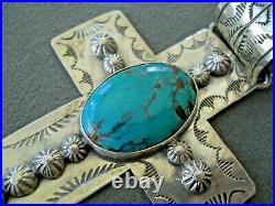 Native American Turquoise Sterling Silver Hogans & Heavily Stamped Cross Pendant