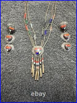 Native American Turquoise Sterling Silver Inlay Earring Necklace Navajo jewelry