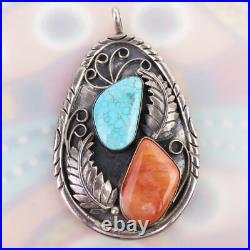 Native American VTG sterling silver lg. Pendant signed turquoise spiney 1970s Native American VTG sterling silver lg. Pendant signed turquoise spiney 1970s