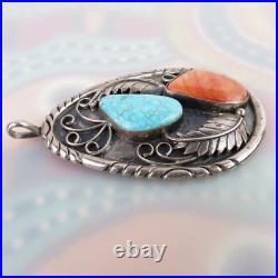 Native American VTG sterling silver lg. Pendant signed turquoise spiney 1970s Native American VTG sterling silver lg. Pendant signed turquoise spiney 1970s
