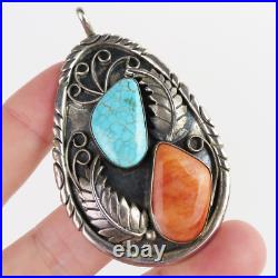 Native American VTG sterling silver lg. Pendant signed turquoise spiney 1970s Native American VTG sterling silver lg. Pendant signed turquoise spiney 1970s