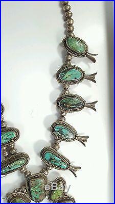 Native American Vintage Sterling Silver Turquoise Squash Blossom Necklace