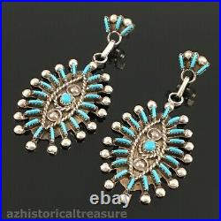 Native American Zui Sterling Silver & Turquoise Needlepoint Chandelier Earrings