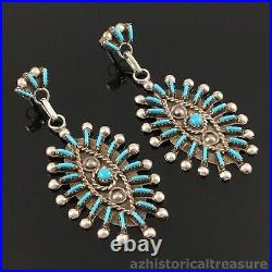 Native American Zui Sterling Silver & Turquoise Needlepoint Chandelier Earrings