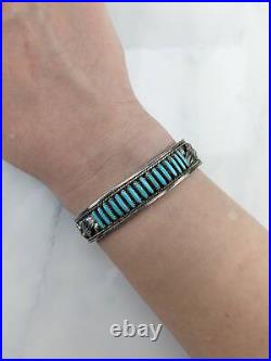 Native American Zuni Sterling Silver Cuff Bracelet Turquoise Needlepoint, Row