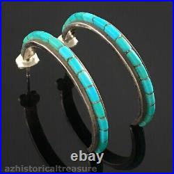 Native American Zuni Sterling Silver & Turquoise Inlay Hoop Earrings