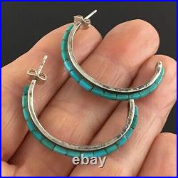Native American Zuni Sterling Silver & Turquoise Inlay Hoop Earrings